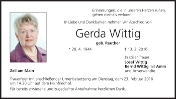 Anzeige von Gerda Wittig von MGO