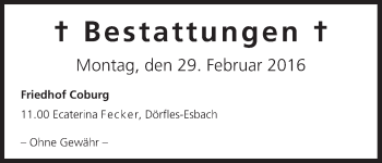 Anzeige von Bestattungen vom 29.02.2016 von MGO