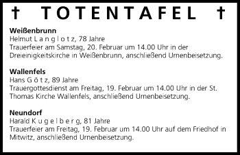Anzeige von Totentafel vom 18.02.2016 von MGO