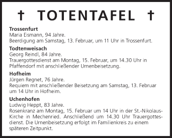 Anzeige von Totentafel vom 13.02.2016 von MGO