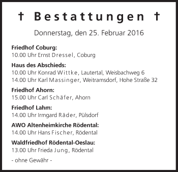 Anzeige von Bestattungen vom 25.02.2016 von MGO