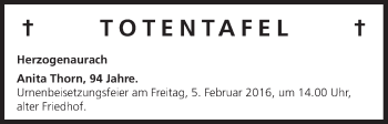 Anzeige von Totentafel vom 04.02.2016 von MGO