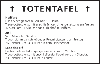 Anzeige von Totentafel vom 23.02.2016 von MGO