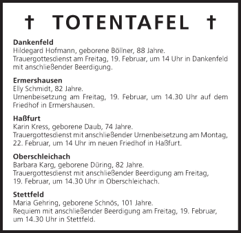 Anzeige von Totentafel vom 18.02.2016 von MGO