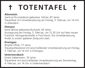 Anzeige von Totentafel vom 03.02.2016 von MGO