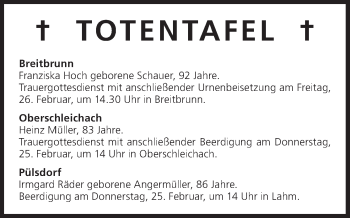 Anzeige von Totentafel vom 24.02.2016 von MGO