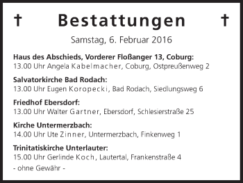 Anzeige von Bestattungen vom 06.02.2016 von MGO