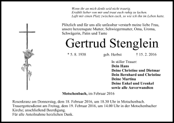 Anzeige von Gertrud Stenglein von MGO