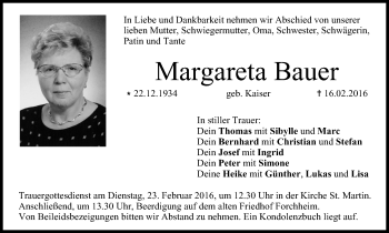 Anzeige von Margareta Bauer von MGO Anzeige von Margareta Bauer von MGO