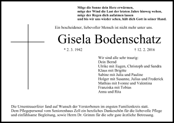 Anzeige von Gisela Bodenschatz von MGO
