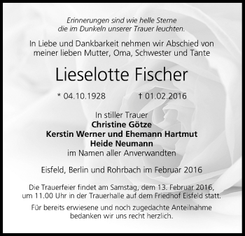 Anzeige von Lieselotte Fischer von MGO
