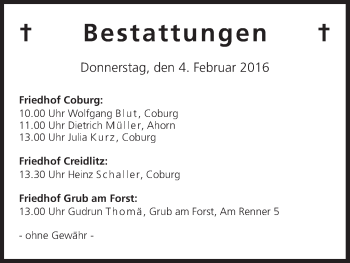 Anzeige von Bestattungen vom 04.02.2016 von MGO