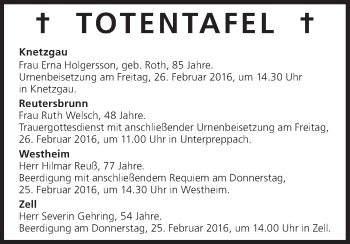 Anzeige von Totentafel vom 25.02.2016 von MGO