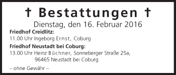 Anzeige von Bestattungen vom 16.02.2016 von MGO