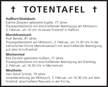 Anzeige von Totentafel vom 02.02.2016 von MGO