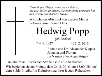 Anzeige von Hedwig Popp von MGO