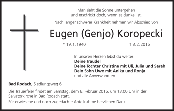 Anzeige von Eugen Koropecki von MGO