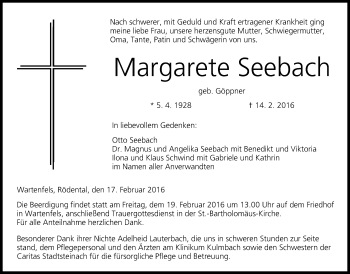 Anzeige von Margarete Seebach von MGO