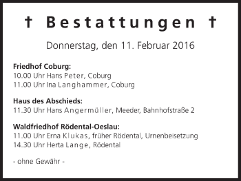 Anzeige von Bestattungen vom 11.02.2016 von MGO