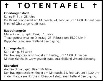Anzeige von Totentafel vom 23.02.2016 von MGO
