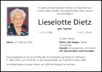 Anzeige von Lieselotte Dietz von MGO