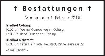 Anzeige von Bestattungen vom 01.02.2016 von MGO