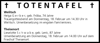 Anzeige von Totentafel vom 17.02.2016 von MGO