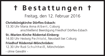 Anzeige von Bestattungen vom 12.02.2016 von MGO