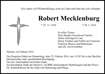 Anzeige von Robert Mecklenburg von MGO