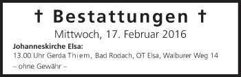 Anzeige von Bestattungen vom 17.02.2016 von MGO