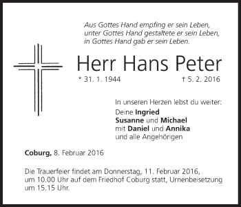 Anzeige von Hans Peter von MGO