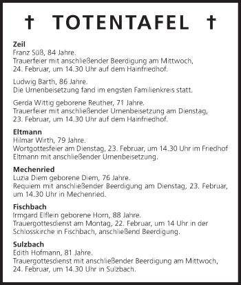 Anzeige von Totentafel vom 22.02.2016 von MGO