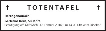 Anzeige von Totentafel vom 13.02.2016 von MGO