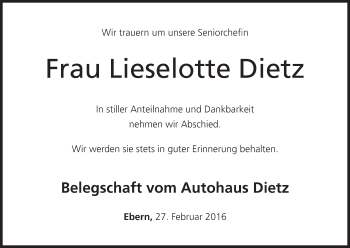 Anzeige von Lieselotte Dietz von MGO