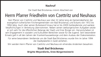 Anzeige von Friedhelm von Czettritz und Neuhaus von MGO