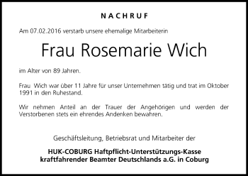Anzeige von Rosemarie Wich von MGO