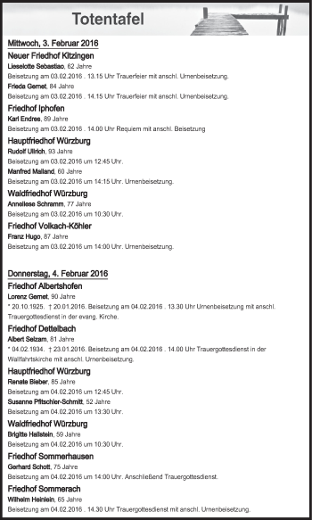 Anzeige von Totentafel vom 03.02.2016 von MGO