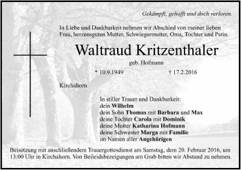 Anzeige von Waltraud Kritzenthaler von MGO Anzeige von Waltraud Kritzenthaler von MGO
