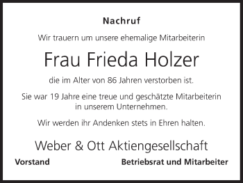 Anzeige von Frieda Holzer von MGO