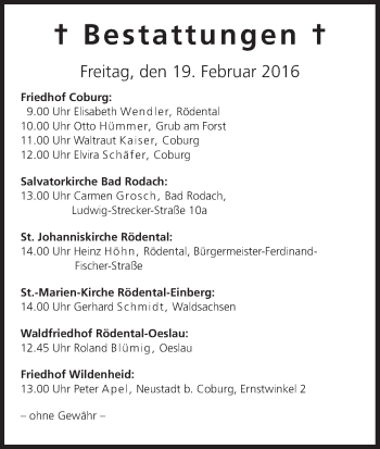 Anzeige von Bestattungen vom 19.02.2016 von MGO