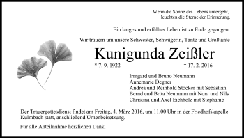 Anzeige von Kunigunda Zeißler von MGO