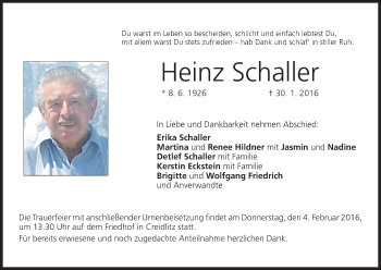 Anzeige von Heinz Schaller von MGO