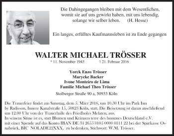 Anzeige von Walter Michael Trösser von MGO