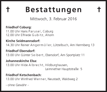 Anzeige von Bestattungen vom 03.02.2016 von MGO