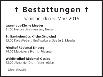 Anzeige von Bestattungen vom 05.03.2016 von MGO