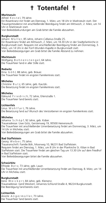Anzeige von Totentafel vom 01.03.2016 von MGO