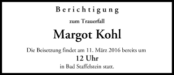 Anzeige von Margot Kohl von MGO