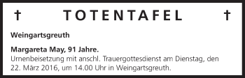 Anzeige von Totentafel vom 21.03.2016 von MGO