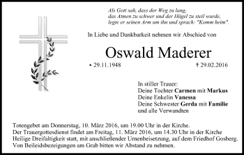 Anzeige von Oswald Maderer von MGO