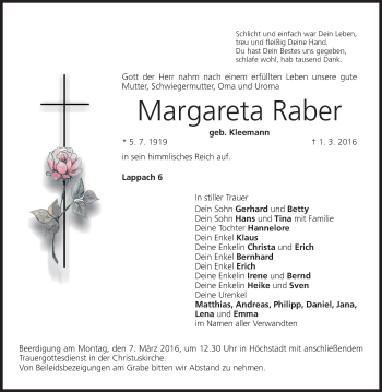 Anzeige von Margareta Raber von MGO